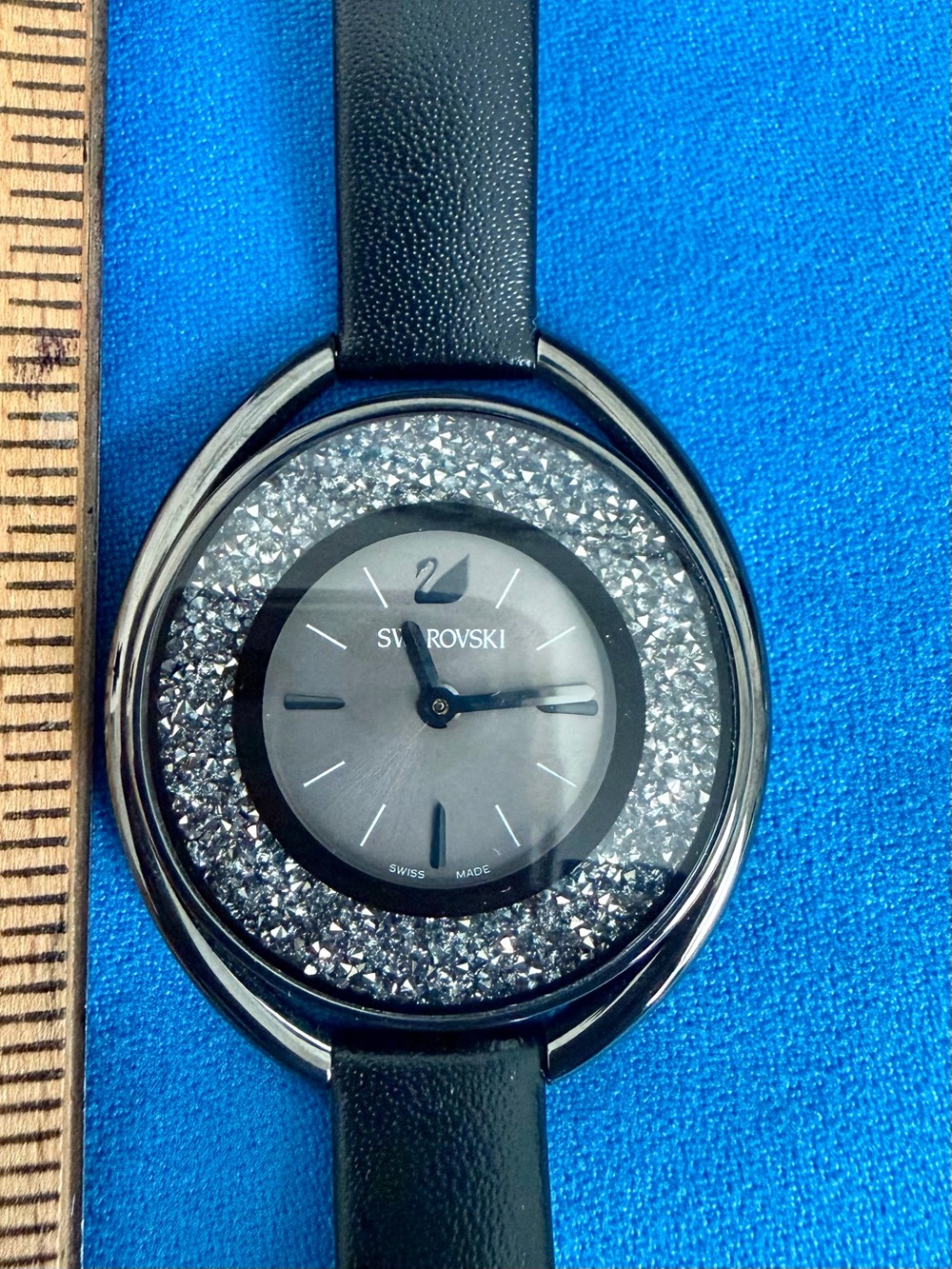 Swarovski Crystalline Oval Women's Watch with Crystal Bezel & Black Leather Band